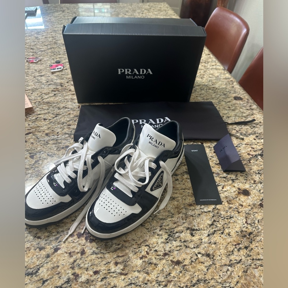 Prada downtown leather black white patent